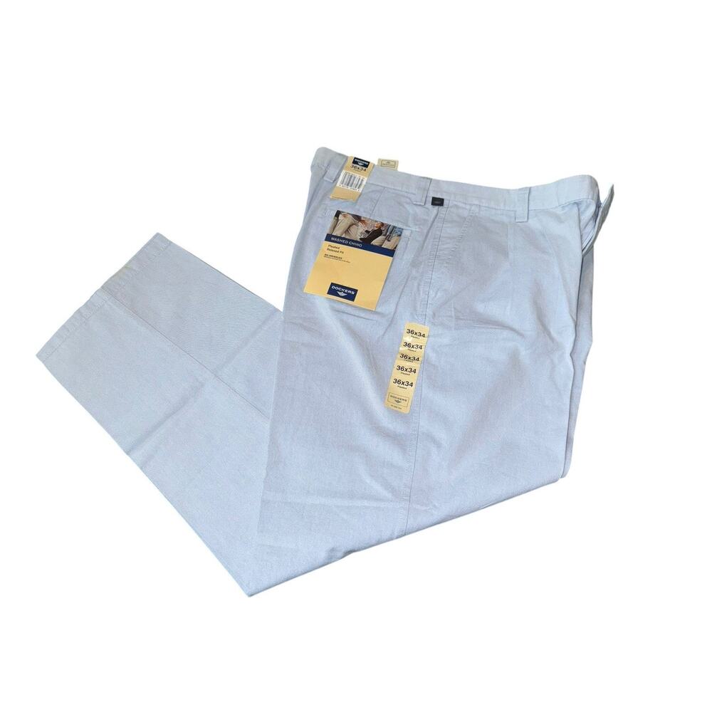 Dockers Washed Chino Pants 36x34 Pleated Relaxed Fit Light‎ Blue NWT No Wrinkle
